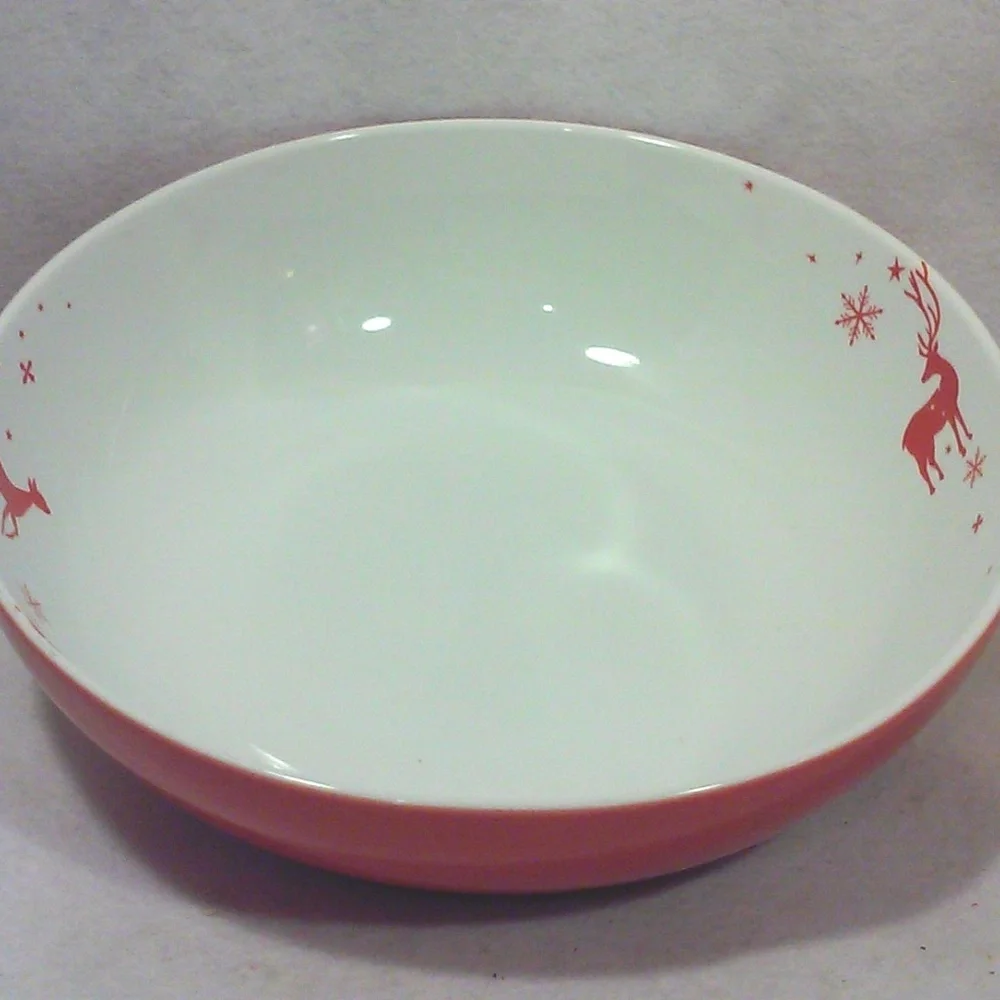 Vintage Porcelain Red White Large Serving Bowl Winter Christmas